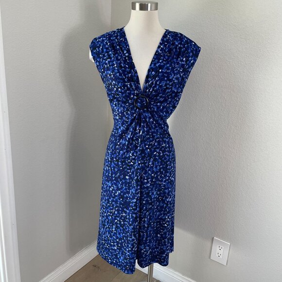 Chaps Womens Large Blue Printed Sleeveless Dress V Neck Stretch - Picture 1 of 9